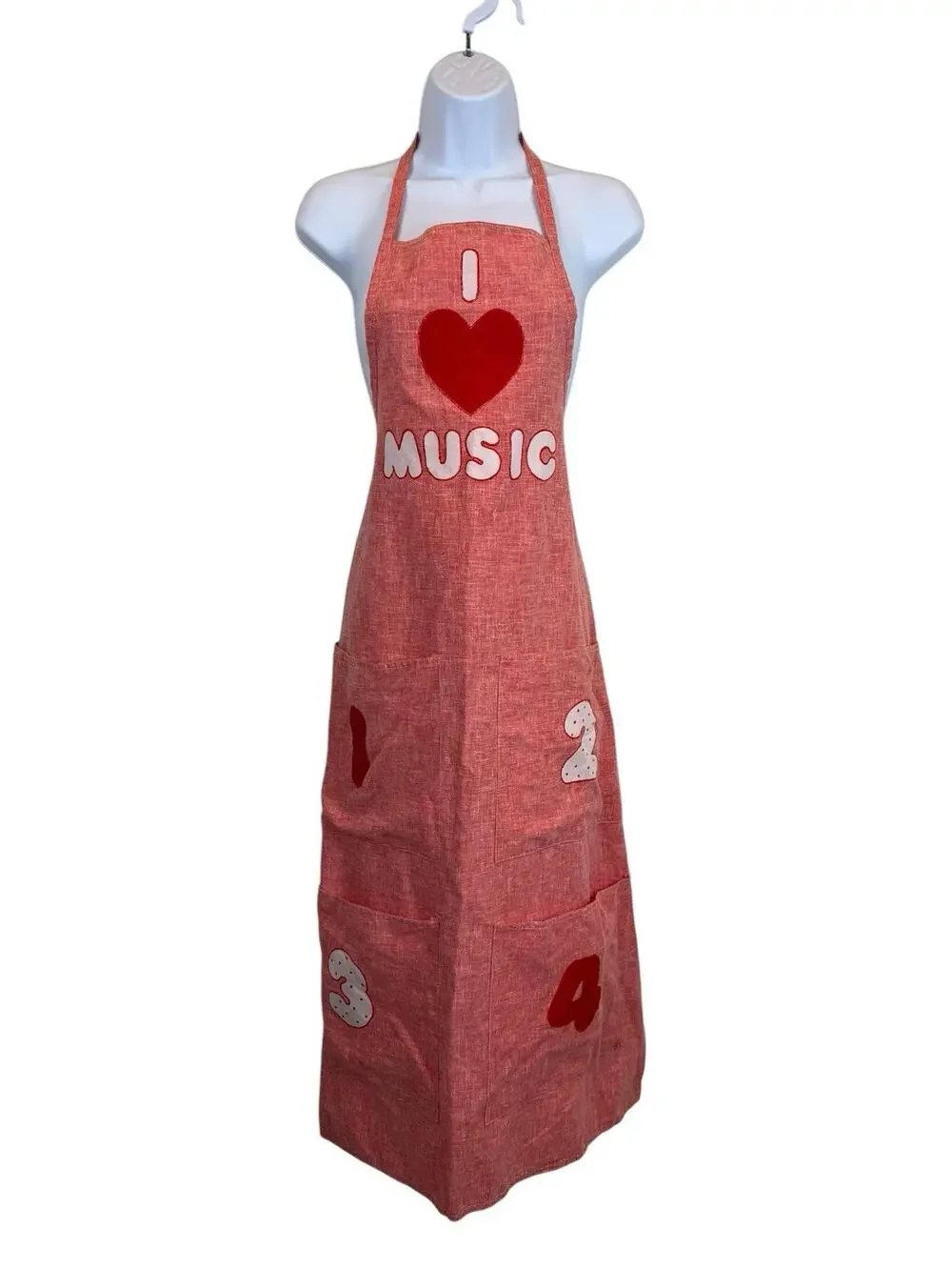 Vintage I Love Music Apron Red Full Length Applique Number Pockets Retro Kitchen
